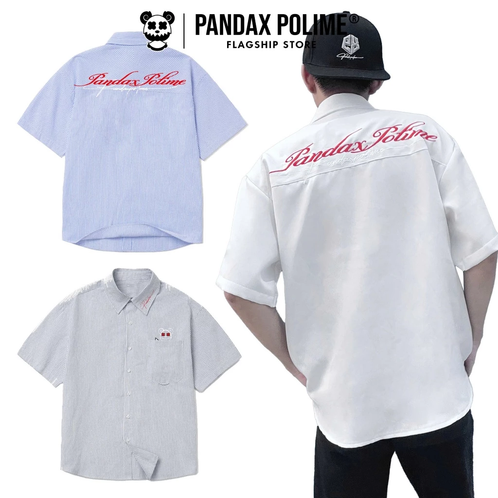 Sơ mi oxford áo kẻ sọc xanh trắng local brand striped shirt form rộng thêu tay ngắn có túi cặp đôi unisex pandax polime