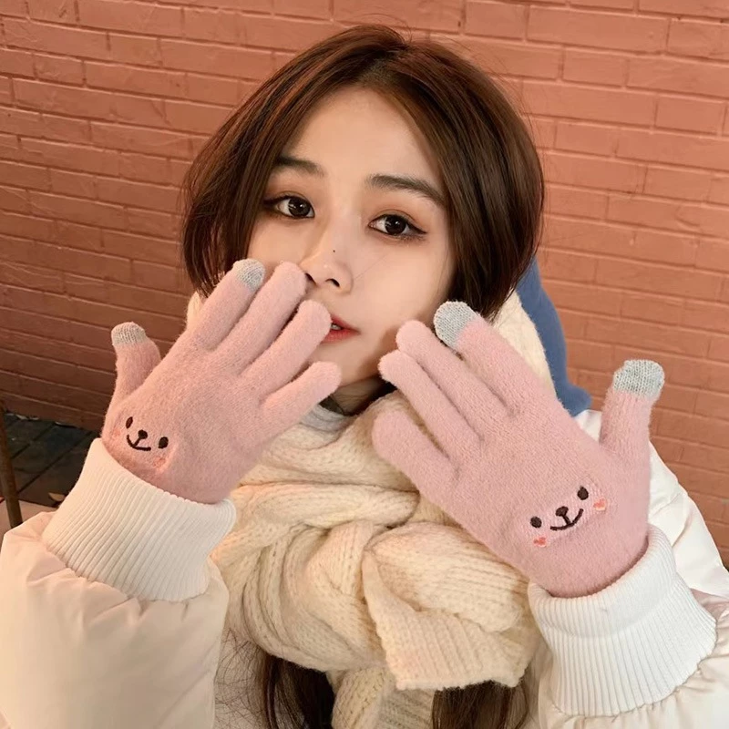 Găng tay len lông cừu nữ hình mặt cười dễ thương có cảm ứng điện thoại