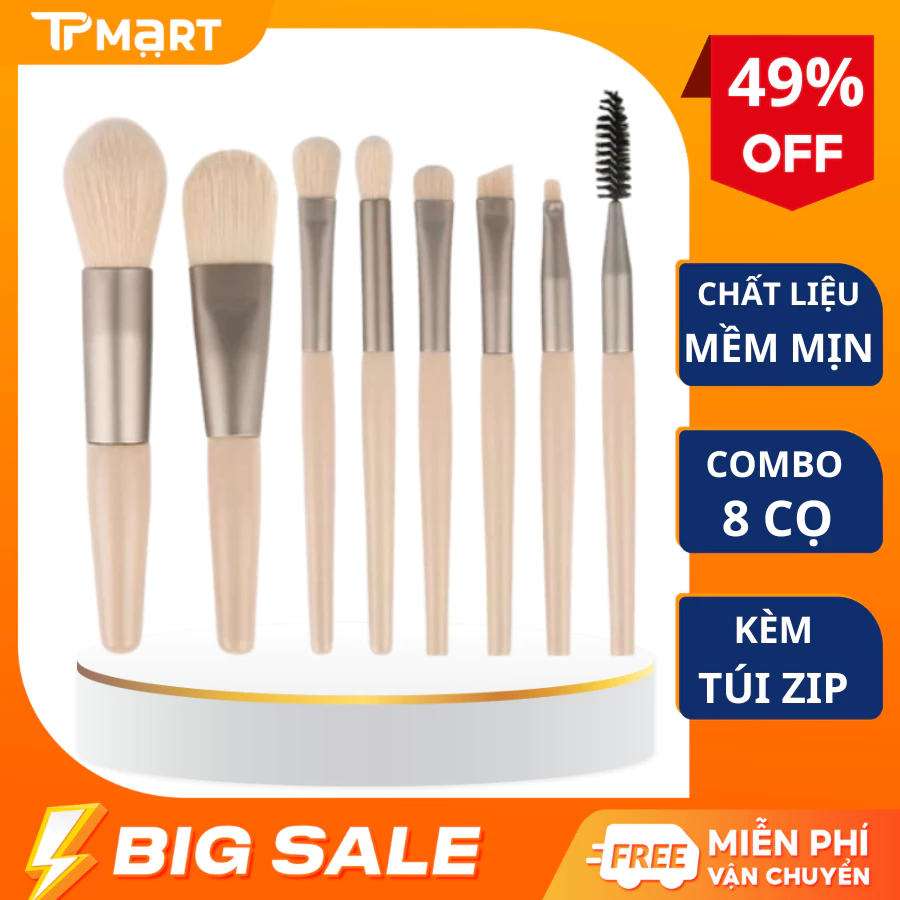 Full bộ cọ trang điểm cá nhân 8 cây tặng kèm túi Zip, Set cọ trang điểm gồm 8 cây lông dày mịn dễ tán phấn