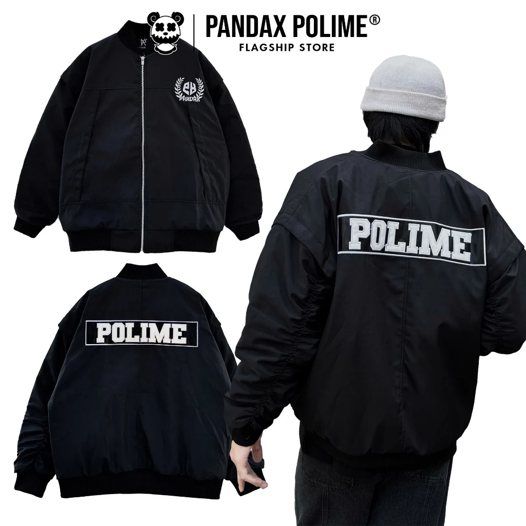 Bomber jacket pilot nam nữ varsity trần bông local brand tay nhúm unisex boxy crop top bigsize Pandax Polime phao đen