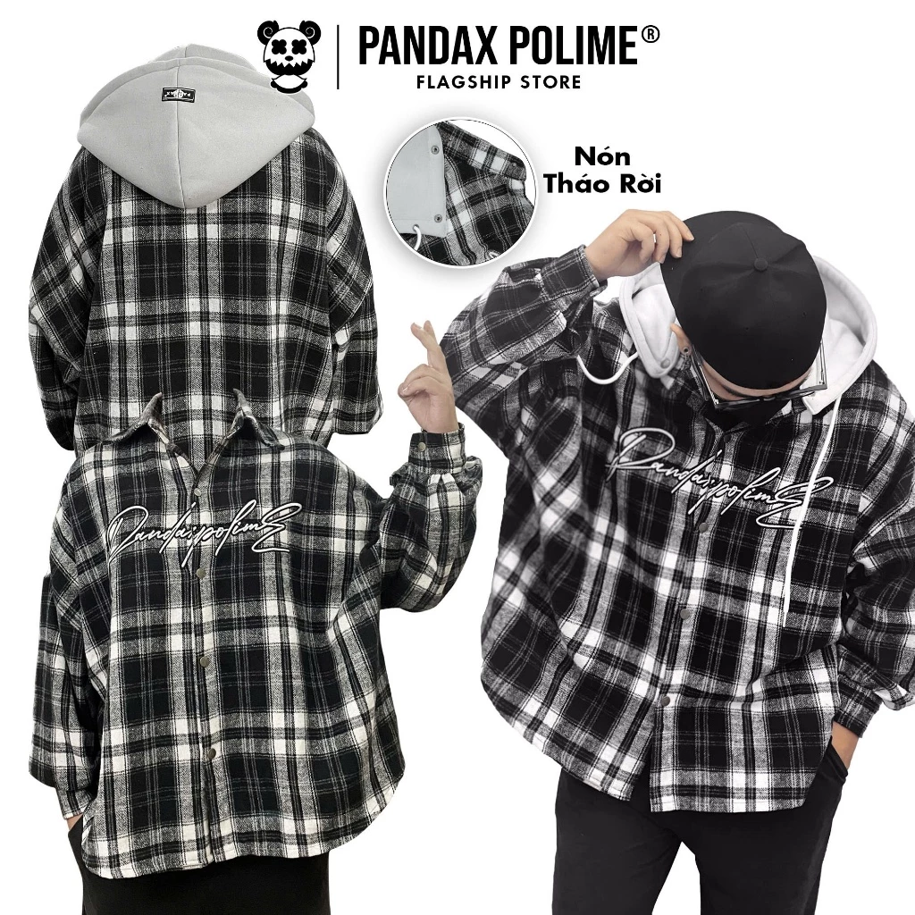 Áo khoác flannel sơ mi caro có nón tháo rời chống nắng cặp đôi nam nữ local brand nỉ dạ form rộng boxy pandax polime