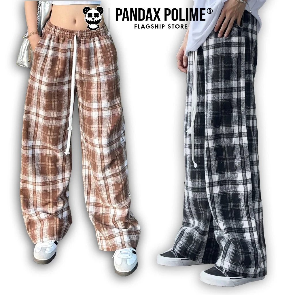 Quần caro ống rộng suông dạ kẻ nam nữ lưng thun local brand cặp đôi oversize hiphop dancer bigsize pandax polime