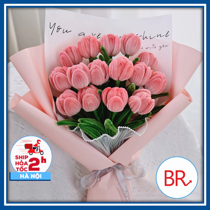 Set nguyên liệu làm bó hoa Tulip Đào 15 bông bằng kẽm nhung Tặng kèm Thiệp+Đèn,Bộ phụ kiện DIY quà tốt nghiệp,sinh nhật