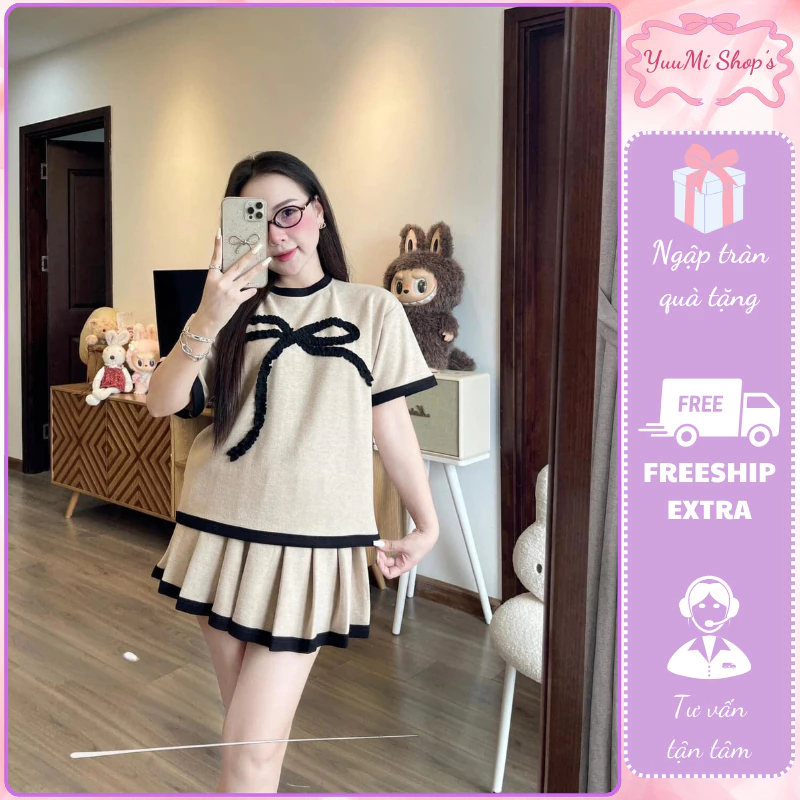 Đồ bộ nữ,set đồ nữ áo phông mì hàn tay lỡ đính nơ ngực mix chân váy xếp ly dáng ngắn viền phối màu HCOM3229 YuuMi Style