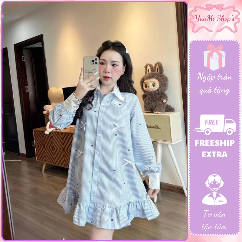 Đầm nữ,váy nữ sơ mi dài tay dang xòe gấu thiết kế kẻ xanh phối màu cổ họa tiết đính nơ nổi siêu xinh HCOM3230 YuuMiStyle