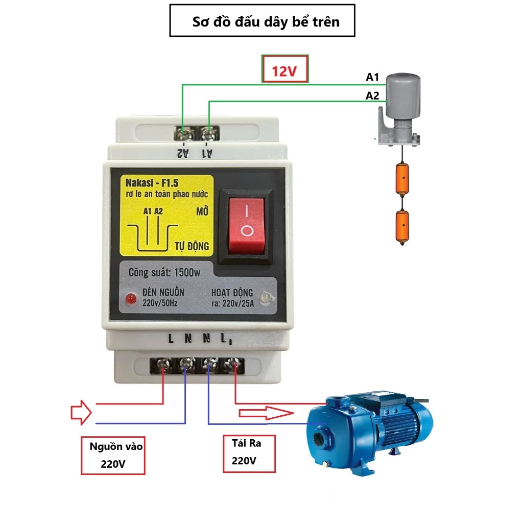 Rơ le phao nước 12V an toàn chống giật tuyệt đối Nakasi F1.5 - Chống tràn chống cạn bồn nước