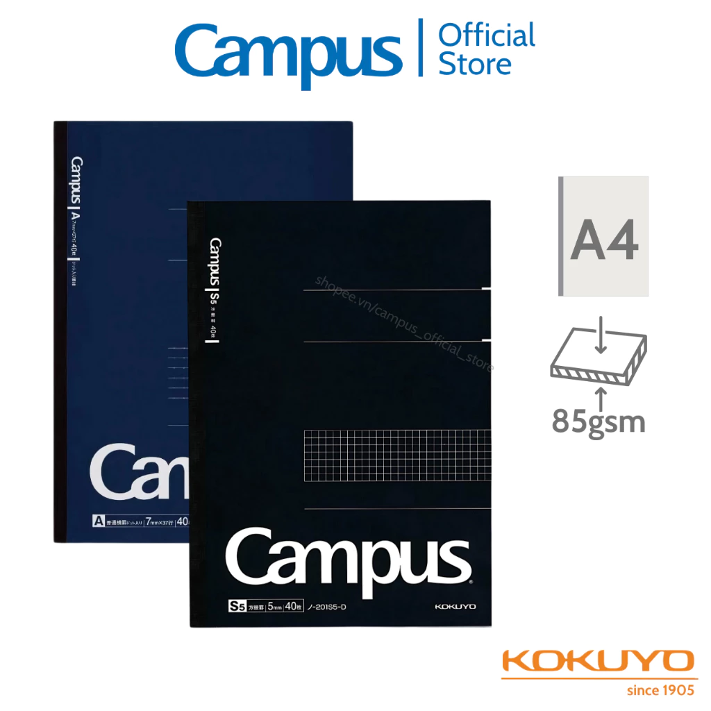 Vở A4 Campus nhập khẩu 80tr giấy nhật vàng Kẻ Ngang Có Chấm/Kẻ caro chĩnh hãng