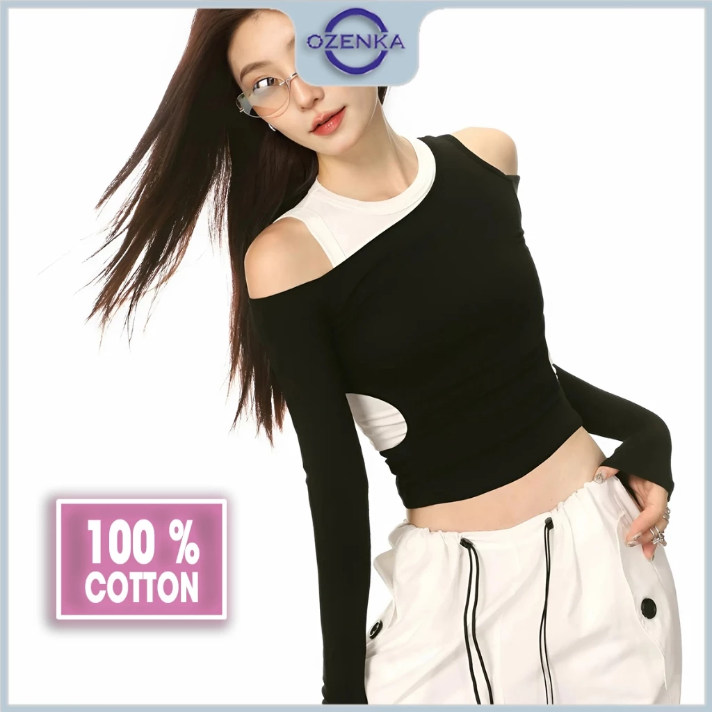 Áo croptop tay dài thể thao hở vai sang chảnh nữ ozenka , áo thu đông crt đẹp thun cotton đen cải trắng