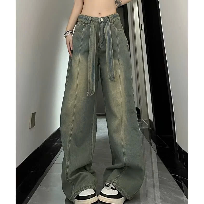 Quần jeans ống rộng Women Pants Denim Hàn Quốc mềm kèm dây - Kem