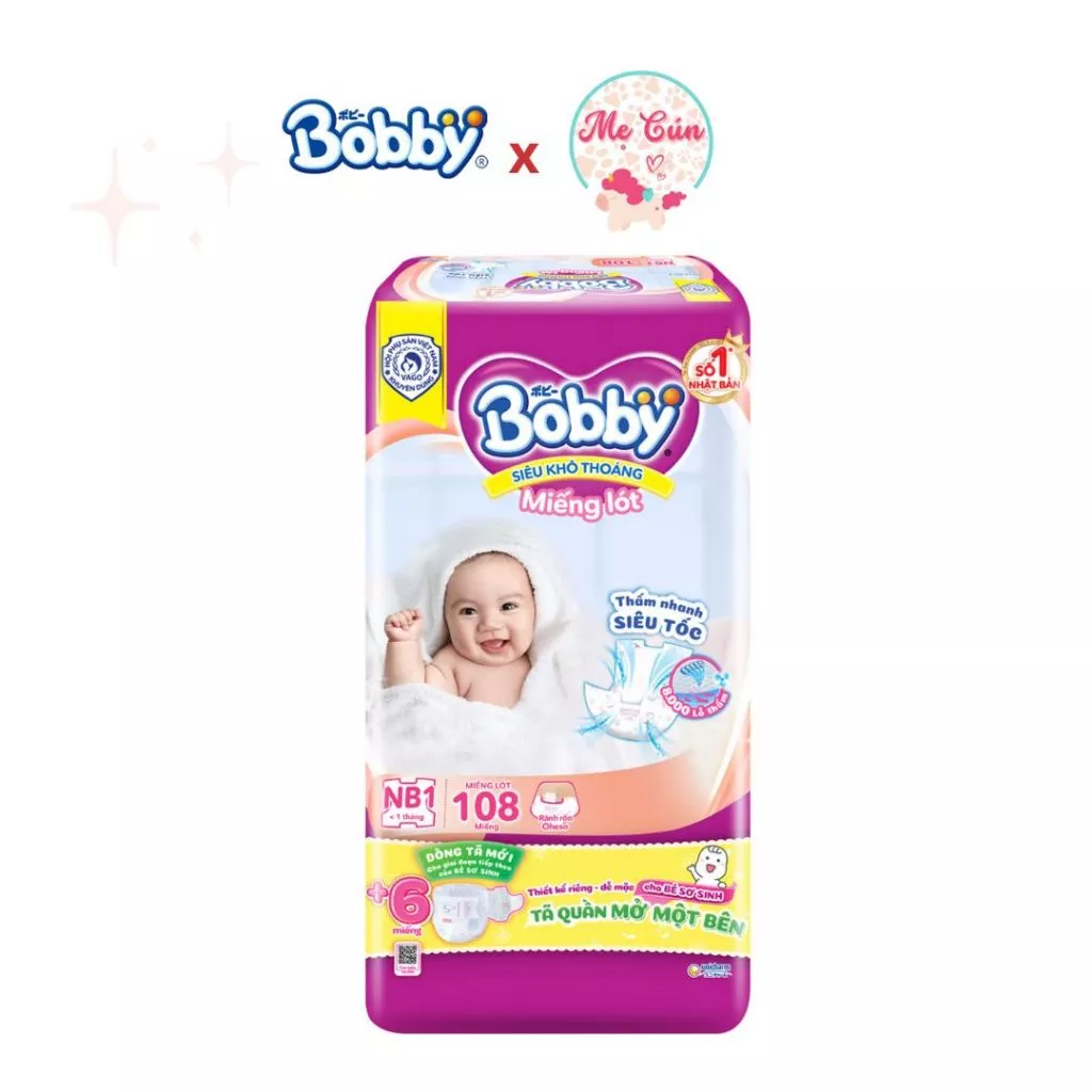 Miếng lót sơ sinh Bobby NB1 - 108 tặng thêm 6 miếng tã quần mở 1 bên