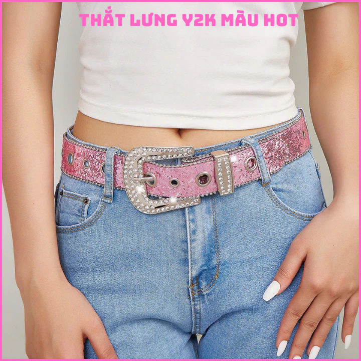 Thắt lưng màu hồng chi tiết đính đá lấp lánh siêu đẹp, kiểu YK2 dành cho nữ phong cách Cao bồi  OLL359