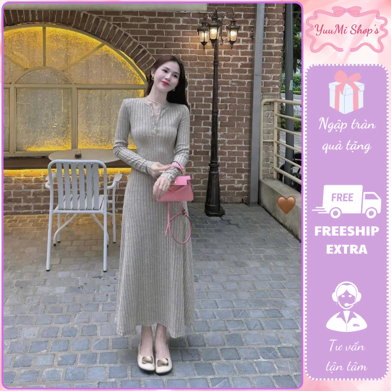 Váy nữ midi dài tay len tăm đũa cúc cổ HCOM2756, đầm nữ dáng dài xòe thiết kế ôm body tôn dáng siêu xinh YuuMi Style