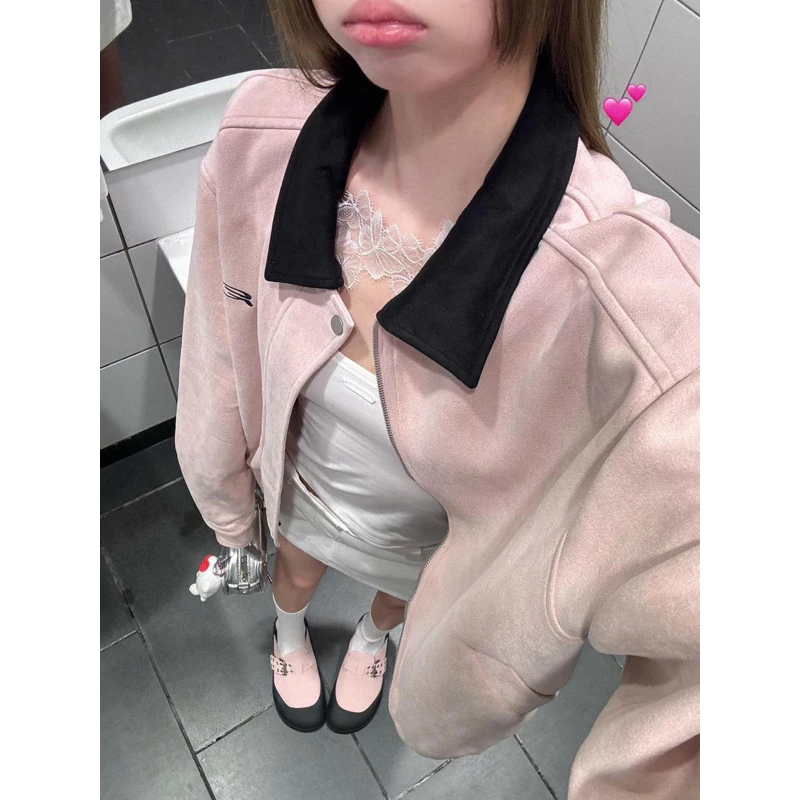 [Hình Thật-2189] Khoác da lộn Hồng Pinky phối cổ Đen,chất dày dặn form dáng rộng thoải mái Lilis Room