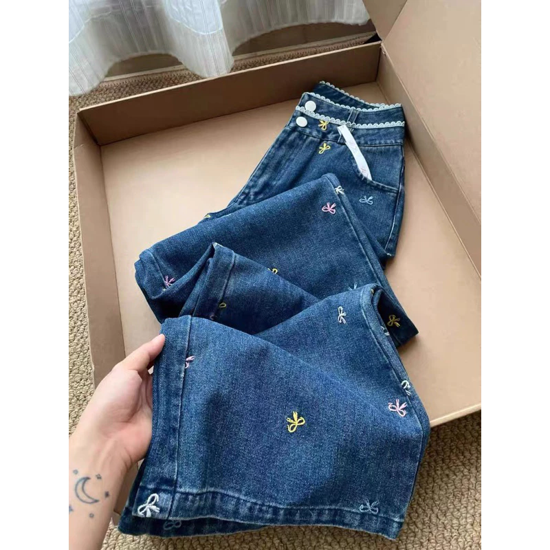 [Order-2186] Quần jean thêu nơ ống rộng chất jean dày dặn Lilis Room