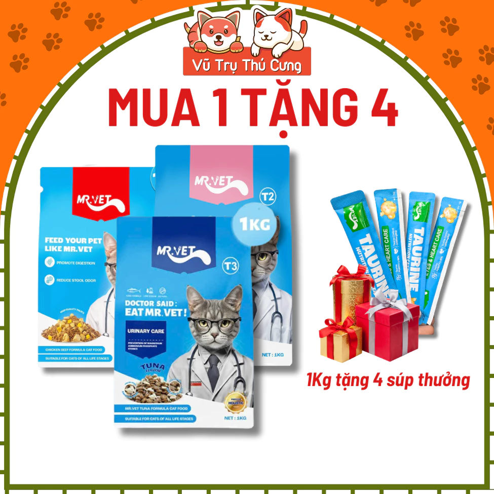 (Mua 1 Tặng 4) Thức Ăn Cho Mèo MRVET 1KG Dạng Hạt Giàu Đạm, Có Topping Thịt Sấy-Dành cho Mèo Mọi Lứa Tuổi