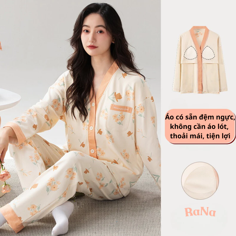 Quần áo mặc nhà, mặc ngủ Dài Tay Có Miếng Đệm Lót Ngực Chất vải dày vừa Giữ ấm thoải mái RaNa