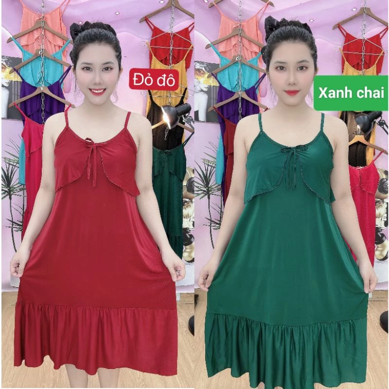 Đầm Váy thun lạnh 2 Dây bèo Ngực 2 Lớp Mặc ở nhà đi dạo đi ngủ (40-100kg)