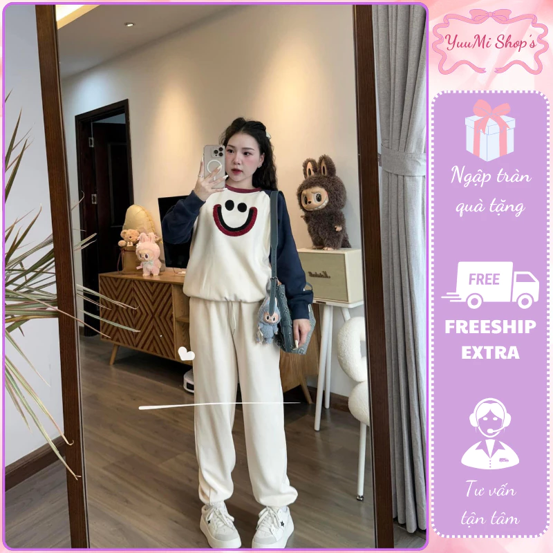Set đồ nữ, đồ bộ nữ áo nỉ dài tay mix 2 màu in hình mặt cười chất da cá phối quần dài bo gấu có dây rút HCOM3276 YuuMi