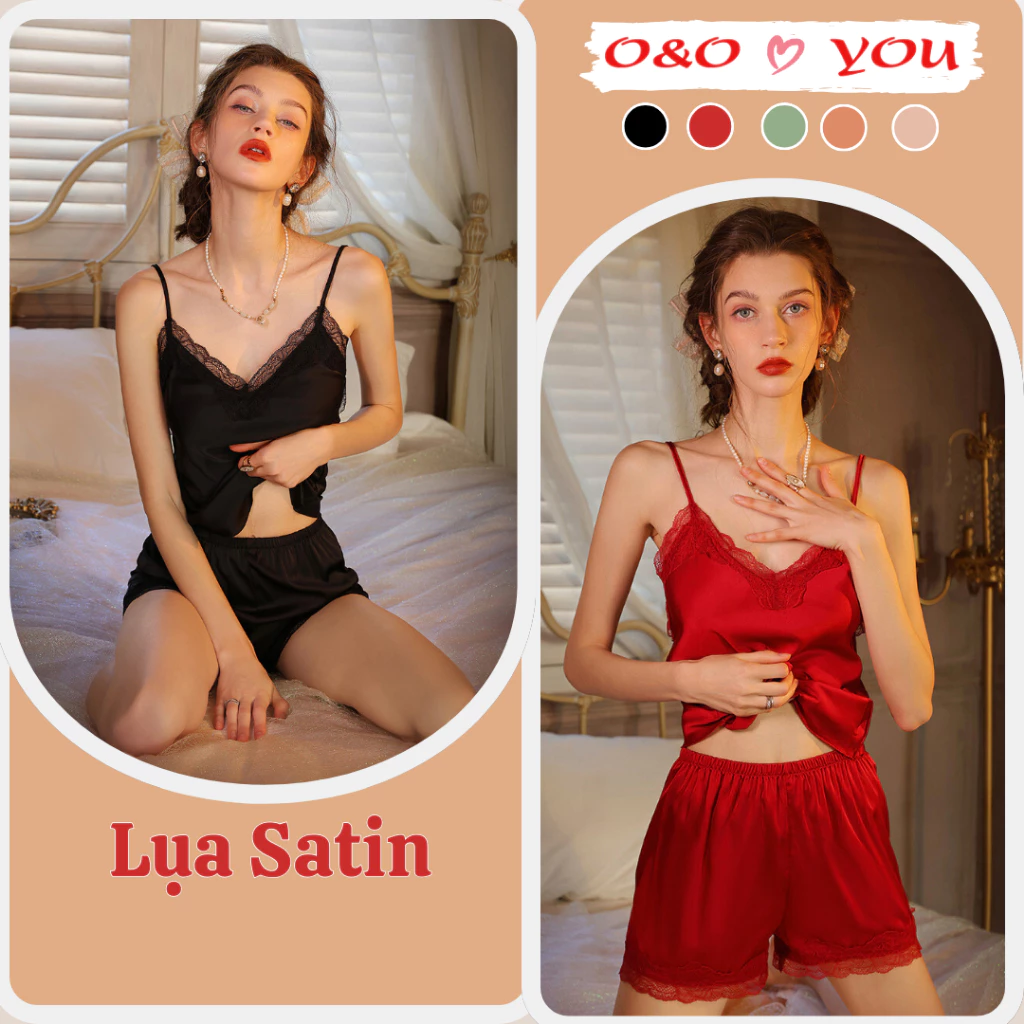 Bộ quần áo ngủ ren áo hai dây, quần short đùi chất liệu lụa cao cấp sang trọng A6658 O&O