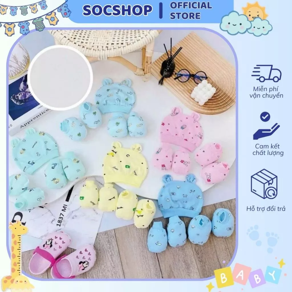 Set mũ bao tay chân cotton cho bé
