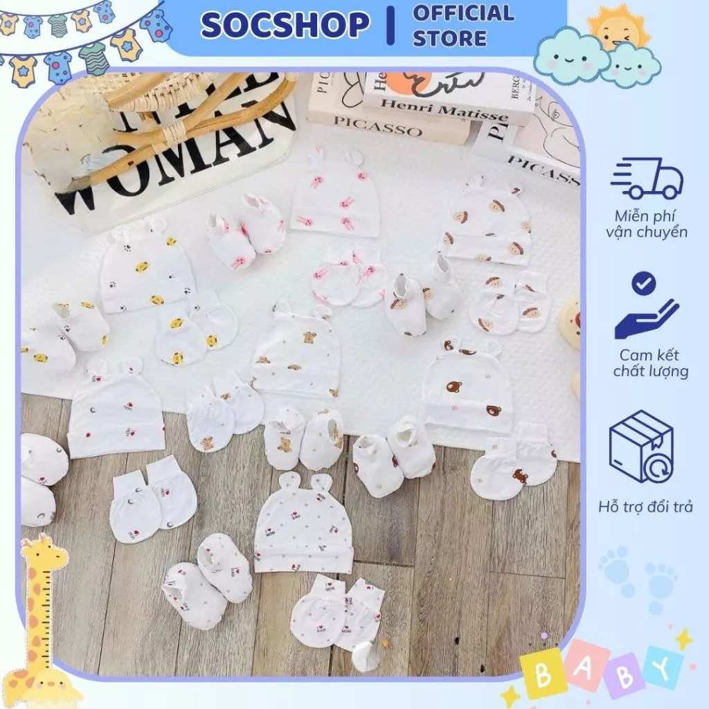 Sét mũ bao tay chân thun lanh nền trắng hoạ tiết bé trai,gái 0-3m