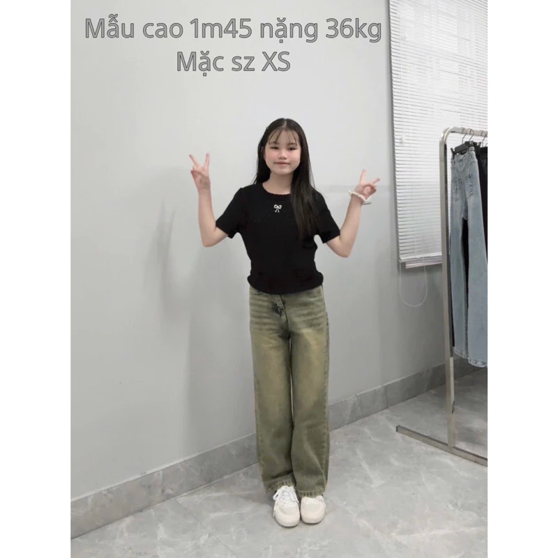 ( SUÔNG NẤM LÙN ) QUẦN JEANS NỮ ỐNG XUÔNG MÀU RÊU WASH VÀNG BỤI 9 tấc ( dài 90cm ) dành cho các bạn dưới m53