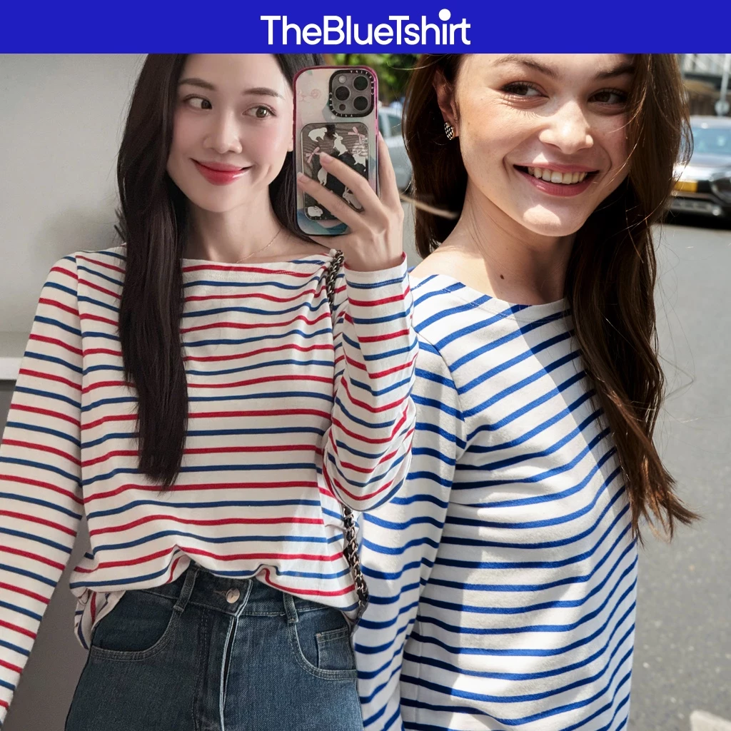 TheBlueTshirt - Áo thun tay dài hoạ tiết sọc nữ - Number 6 Long Sleeve - Signature Stripe Premium Cotton