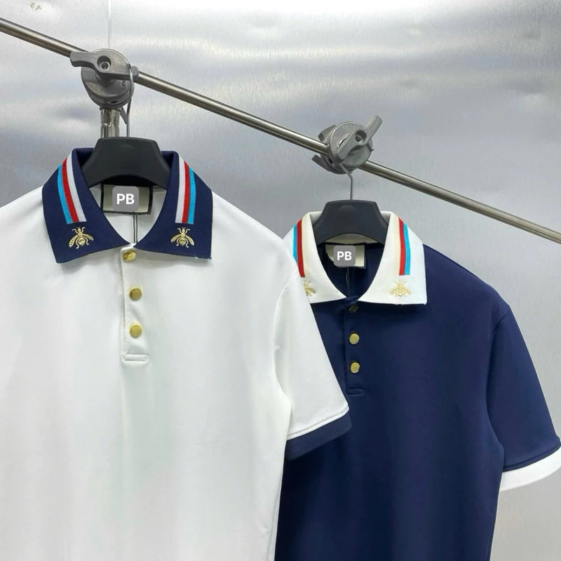 Áo Polo Nam Nữ Cổ Bẻ Vải Cotton Gai Thân Trơn Cổ Chun Dệt Sọc Xanh Đỏ Thêu Ong Hàng Quảng Châu