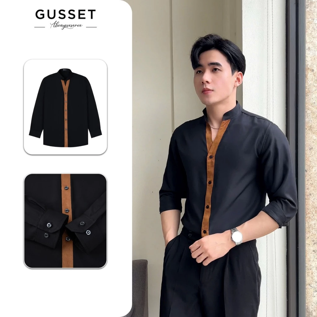Áo sơ mi nam cổ tàu tay dài phối màu trắng đen vải chéo hàn dày dặn GUSSET CT02
