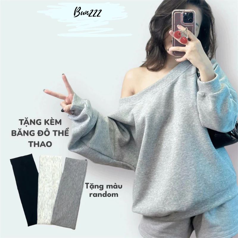 Áo Nỉ Lệch Vai Nữ Form Rộng, Áo Nỉ Sweater Trễ Vai Nữ Basic Trẻ Trung Phong Cách Hàn