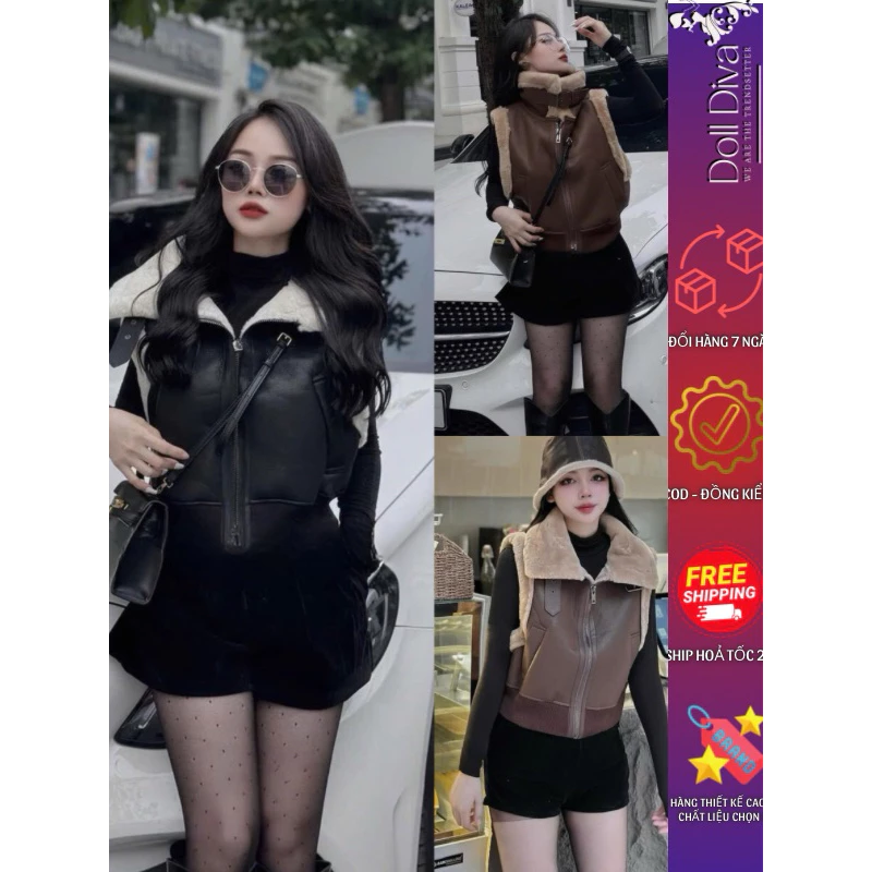 Áo Gile Da Lót Lông QCCC Khoá Kéo Mix Cổ Bẻ Sang Chảnh Hai Màu Đen Nâu Dolldiva A863