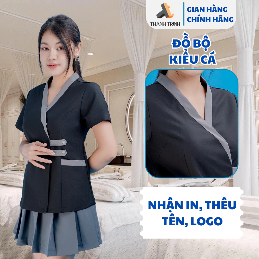 Đồng phục spa, bộ đồng phục mần mon, thẩm mỹ viện phối váy, quần vải cotton lạnh cao cấp xưởng may Thành Trinh TT06