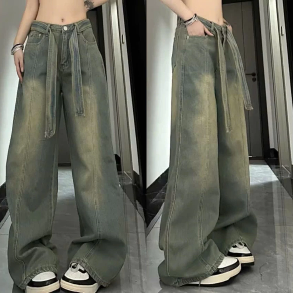 Quần Jeans suông lưng cao mài đùi, qần bò nữ ống rộng may gấu kiểu dáng đường phố Hàn Quốc mã QS22
