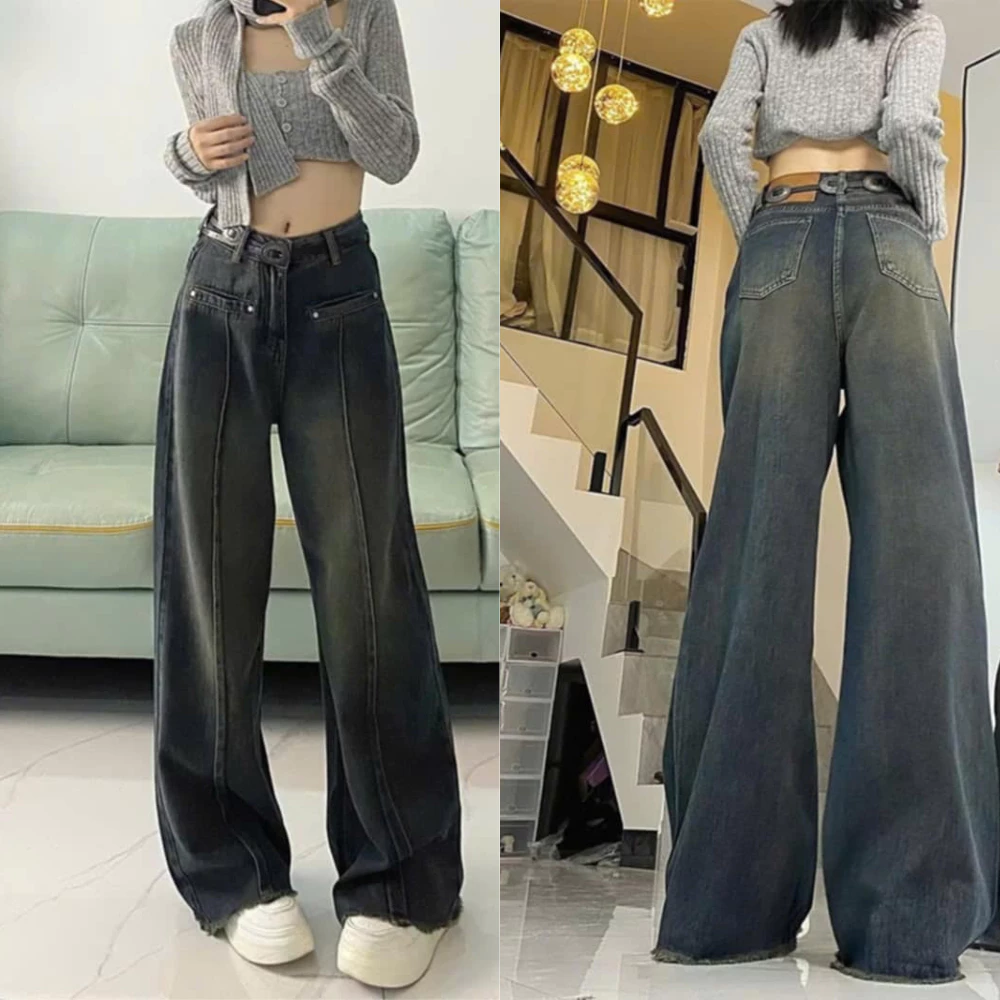 Quần jeans nữ lưng cao túi cơi, quần bò ống rộng gân giữa gấu tua rua hack nâng 3 mã QS24