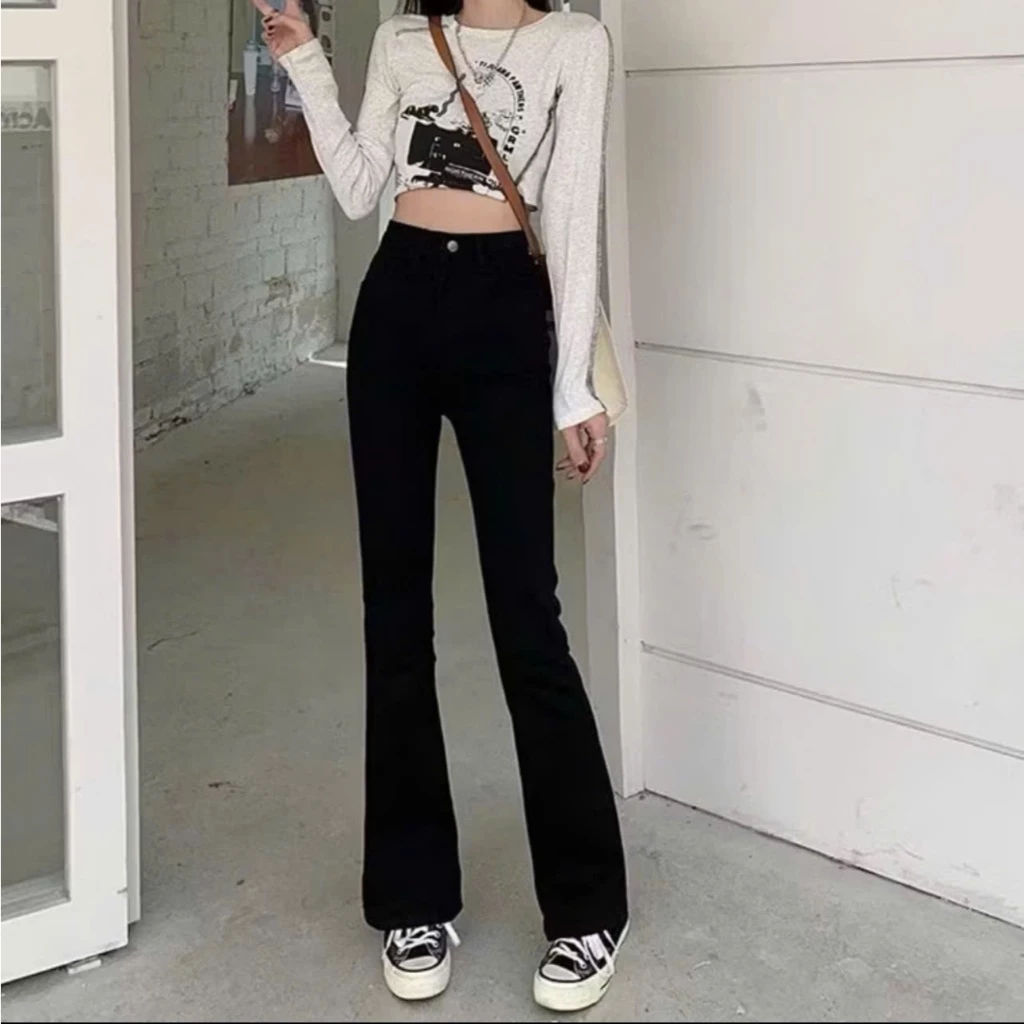 Quần Jean Nữ Ống Loe Cạp Cao Lai Cuốn 3 Phân Chất Cotton Co Giãn Nhẹ