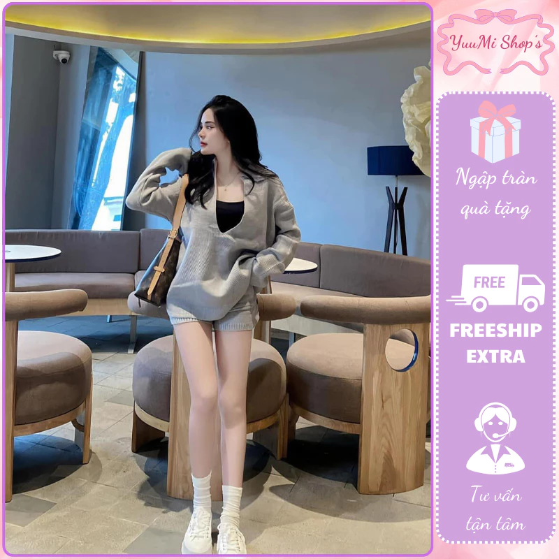 Set đồ nữ, đồ bộ nữ thu đông chất lên tăm áo trễ cổ dài tay phối quần short HCOM3225 YuuMi