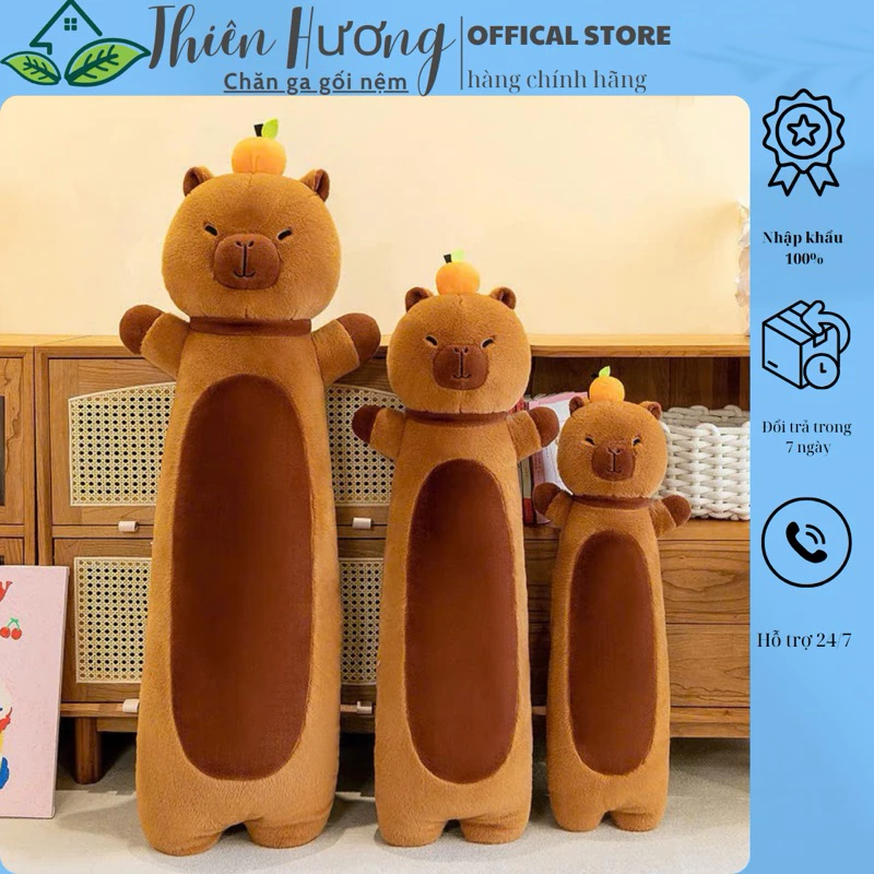 Gối ôm gấu bông Capybara quả cam, Thú bông vải nhung mềm mịn size 70-110cm - Thiên Hương Bedding