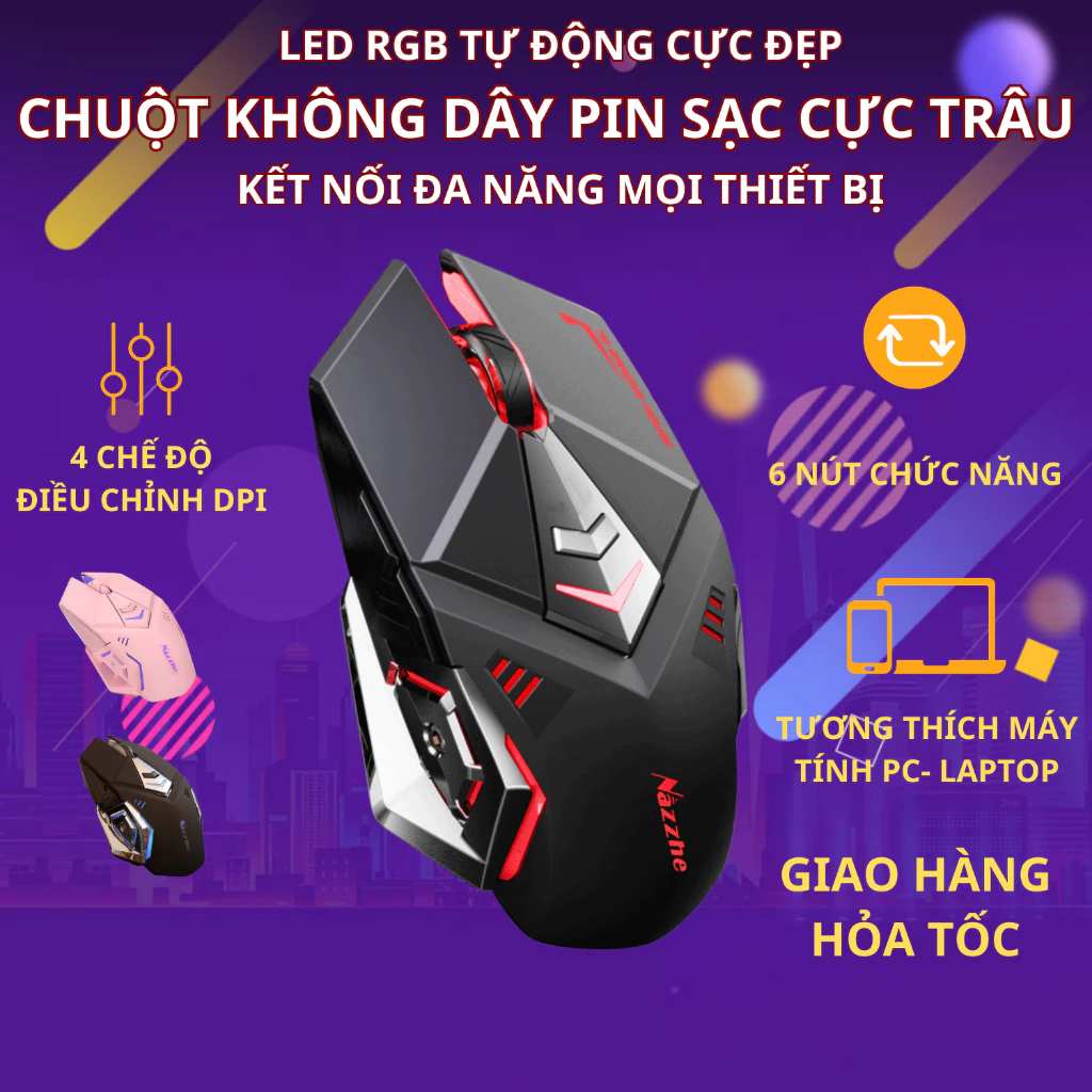 Chuột không dây chuyên GAMING Nazzhe Wireless 2.4GHz SIÊU NGẦU, led RGB tự động đổi màu sắc