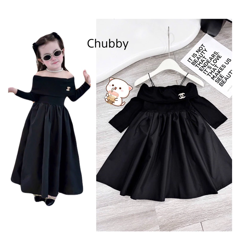 Váy Trễ Vai Dáng Dài Cho Bé Gái Chubby Store - Váy/Đầm Hai Dây Trễ Vai Tặng Kèm Tag Đá Cho Bé Gái