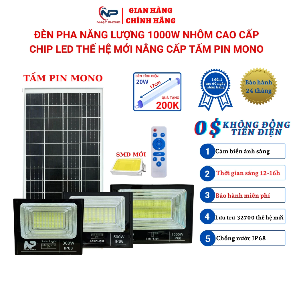 Đèn Năng Lượng Mặt Trời SHOP NHẬT PHONG Đèn Pha Năng Lượng 500W,200W,100W Vỏ Nhôm,Đèn Báo phần Pin,Chống Nước BH 2Năm