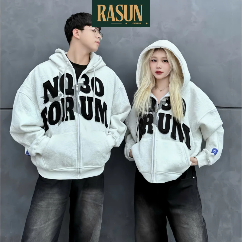 Áo Khoác Hoodie Khoá Kéo Zip Nỉ Bông In Chữ Dáng Form Rộng Nón 2 Lớp, Áo Hoodie In Chữ Nón Rộng Unisex RASUN