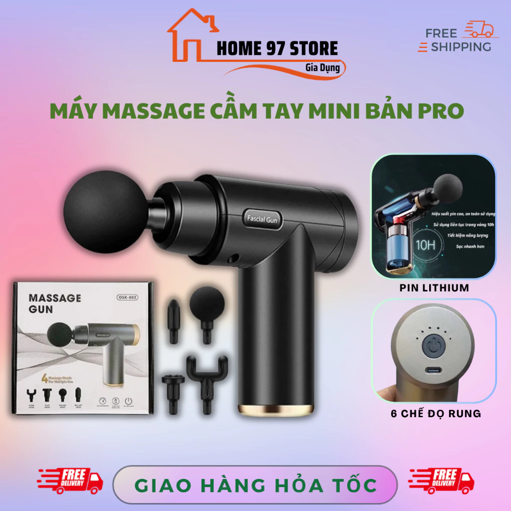 Máy massage cầm tay mini, máy massage cầm tay mini 4 đầu 6 chế độ rung chuyên sâu toàn thân
