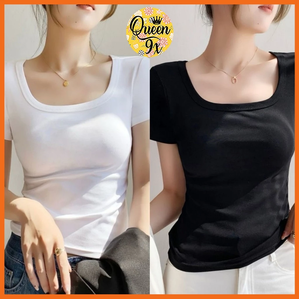 Áo Croptop Babytee Cổ Vuông Đen Trắng Xám Cho Nữ Dáng Basic