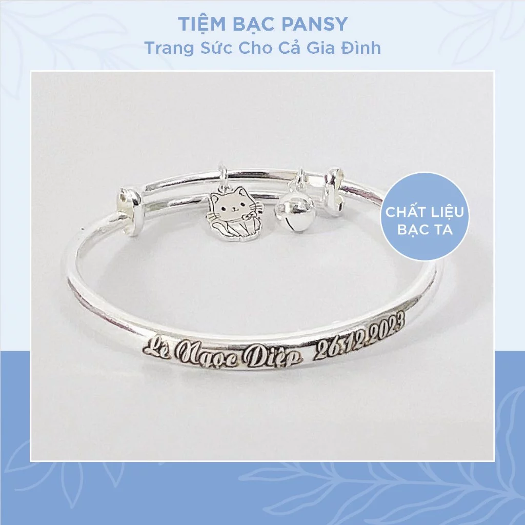 Vòng bạc khắc tên cho bé mix 1 chuông và 1 charm dễ thương theo yêu cầu - Vòng lắc bạc ta an toàn cho trẻ em VTE0021