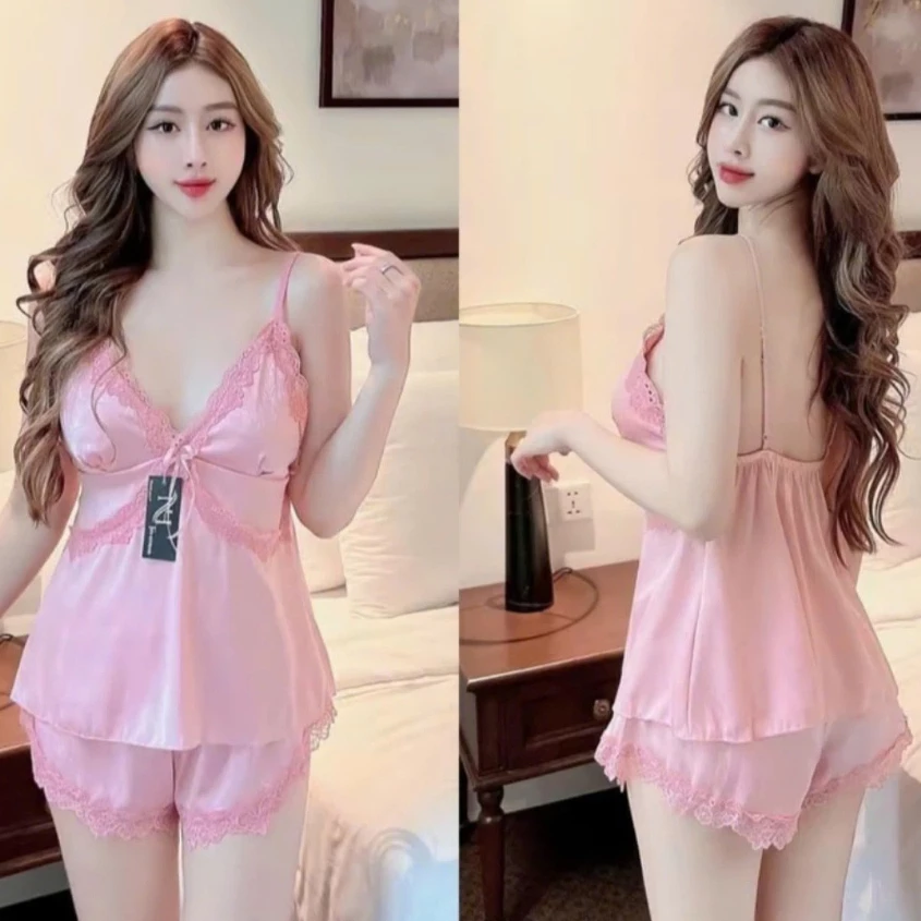 Bộ đồ ngủ hai dây tăng chỉnh sexy quyến rũ có mút ngực mặc nhà quần đùi gợi cảm vải lụa BIGSIZE CARY