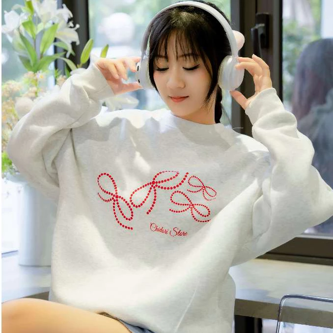 Áo Sweater Nữ CHIDORI Rộng In Hình Chiếc Nơ Chất Liệu Vải Nỉ Bông Cotton - Top, Women