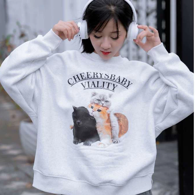 Áo Sweater Nữ Chidori In Hình Mèo Dễ Thương Chất Liệu Nỉ Cotton Cao Cấp - S