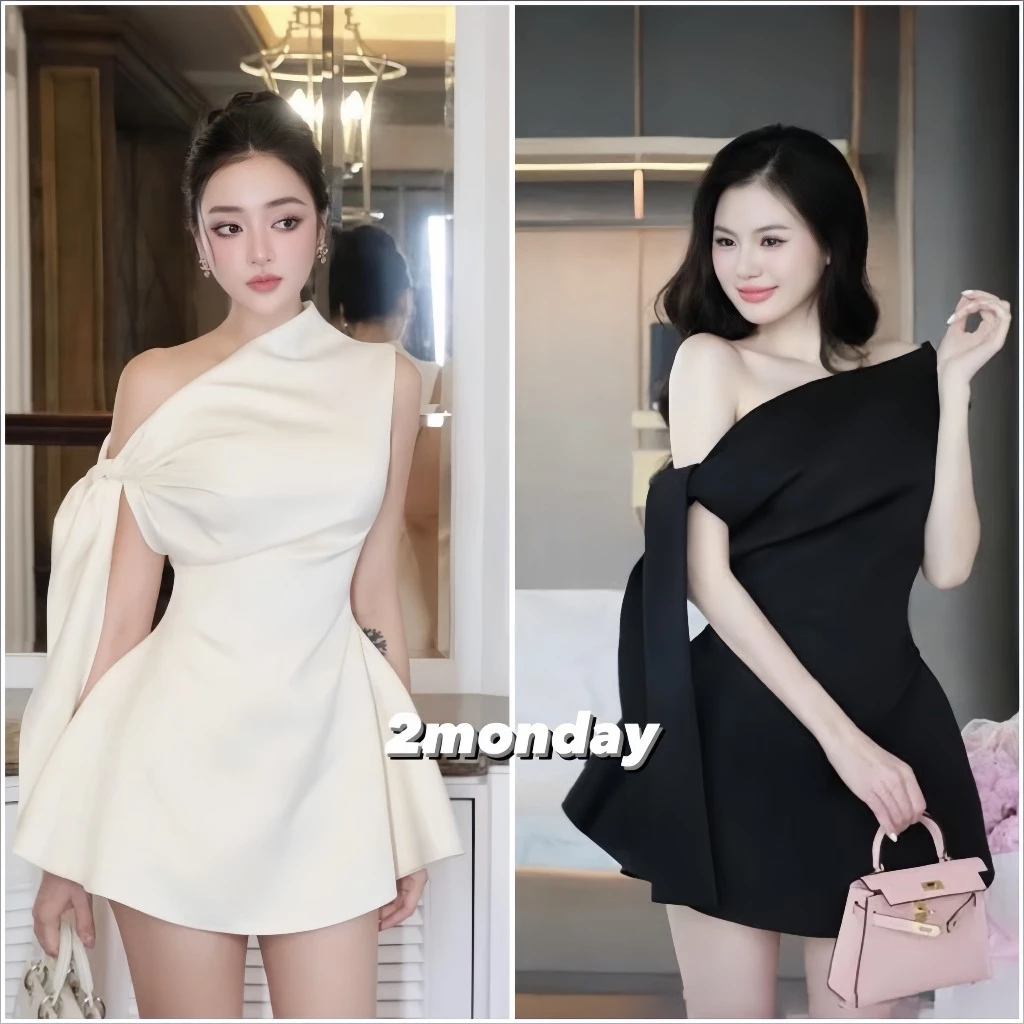 [SẴN] VÁY LỆCH VAI BUỘC NƠ VẠT TÀ CHIẾT EO TÔN DÁNG PHONG CÁCH TIỂU THƯ V25
