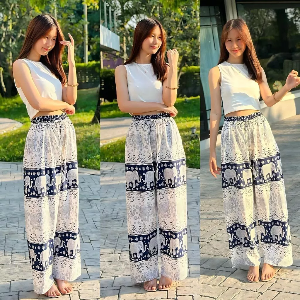 Quần dài ống rộng thổ cẩm, họa tiết voi Thái, vải lanh (Size 40 - 65kg)
