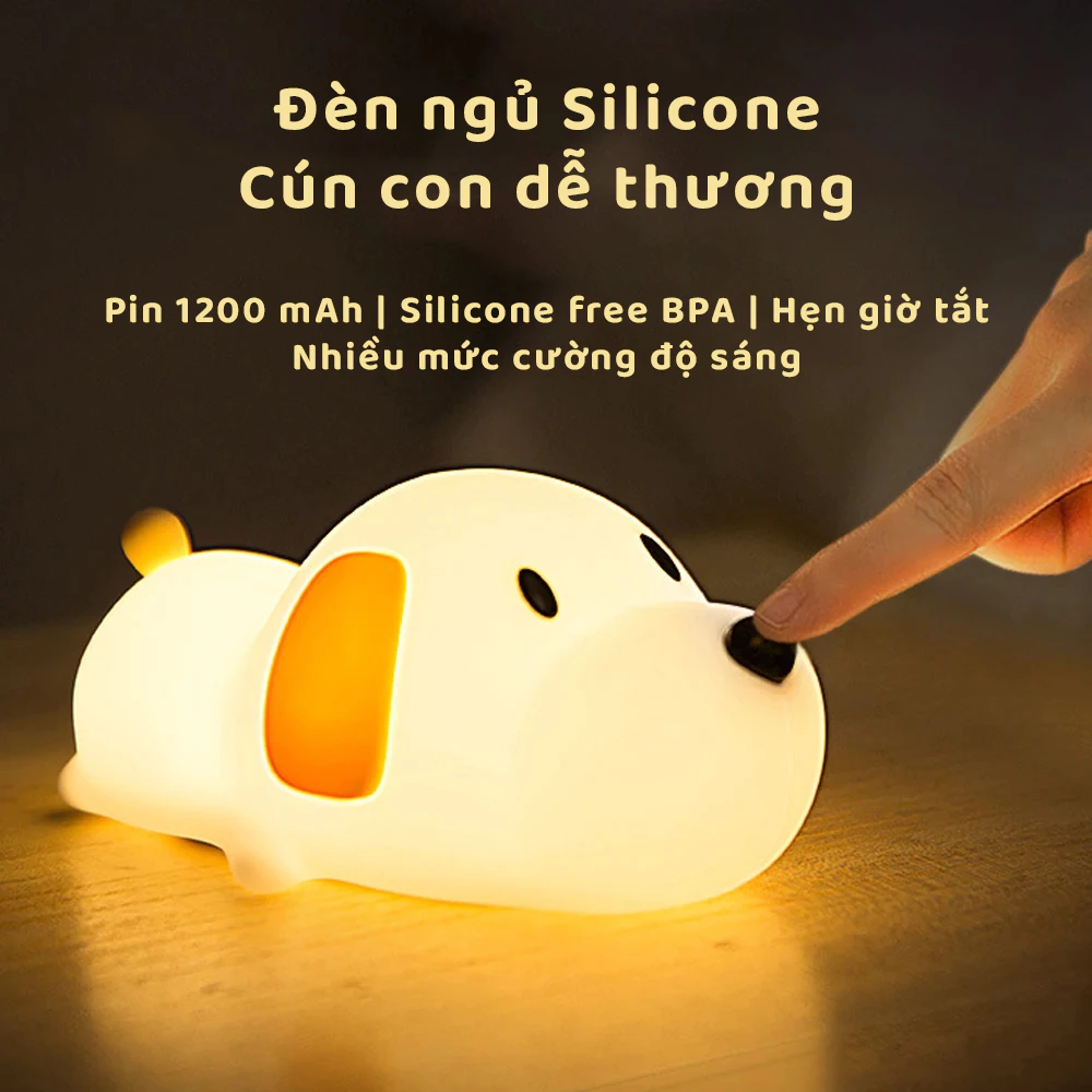 Đèn ngủ Silicon cún con dễ thương - Silicone free BPA an toàn - Pin sạc 1200 mAh -  Nhiều mức độ sáng - BH 6 T